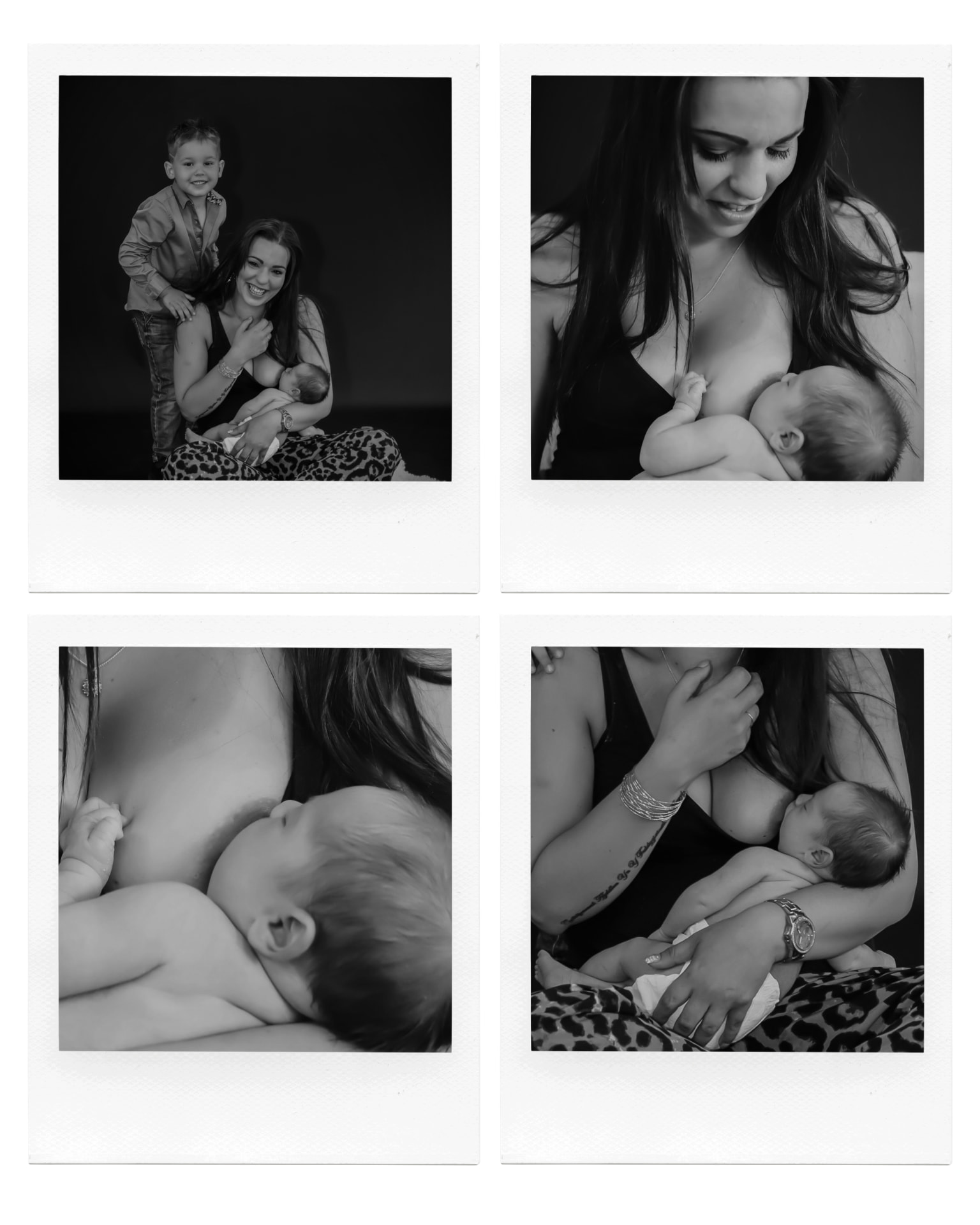 A black and white collage of tender breastfeeding and mother-baby bonding moments