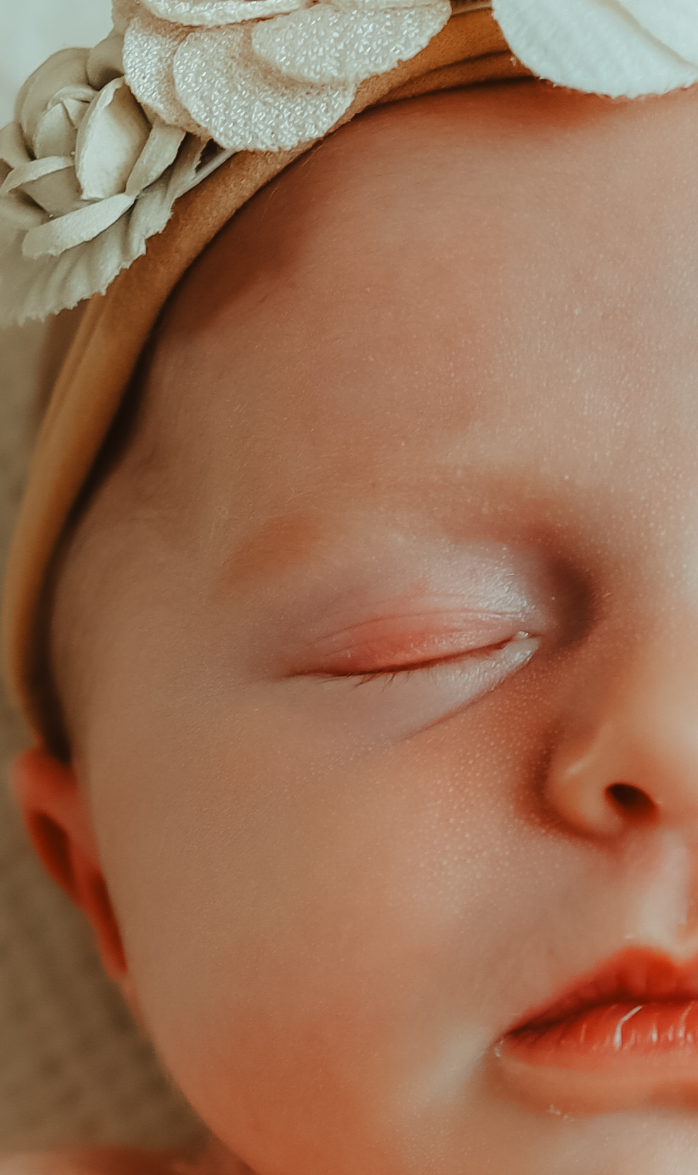 Close-up of a sleeping newborn wearing a soft floral headband